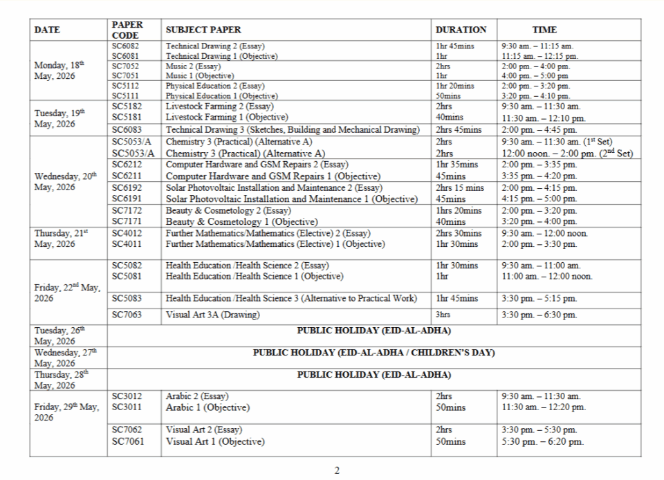 WAEC Releases 2026 WASSCE Timetable (FULL LIST) WAEC Releases 2026 WASSCE Timetable (FULL LIST)