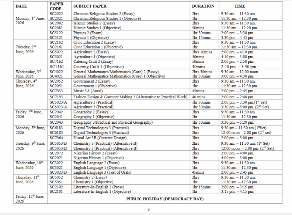 WAEC Releases 2026 WASSCE Timetable (FULL LIST) WAEC Releases 2026 WASSCE Timetable (FULL LIST)