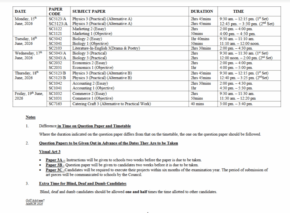 WAEC Releases 2026 WASSCE Timetable (FULL LIST) WAEC Releases 2026 WASSCE Timetable (FULL LIST)