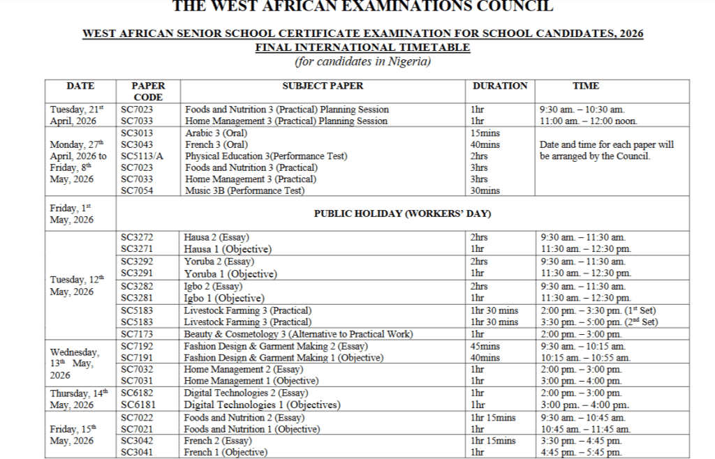 WAEC Releases 2026 WASSCE Timetable (FULL LIST) WAEC Releases 2026 WASSCE Timetable (FULL LIST)